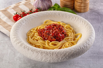 Italian pasta spaghetti bolognese with minced beef meat and tomato sauce