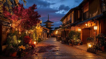 Fototapeta premium 秋の夕暮れの京都路地と紅葉情景