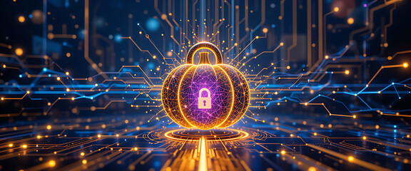 Abstract illustrated vector style cyber security protection system in Halloween theme background, 3d golden purple and blue gradient glowing holographic pumkin shape lock on the middle, glowing metall