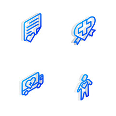 Set Isometric line Heart with cross, Envelope heart, Humanitarian truck and Volunteer icon. Vector