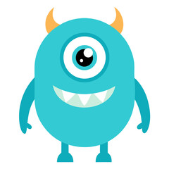 Cute blue one eyed monster with horns and big smile