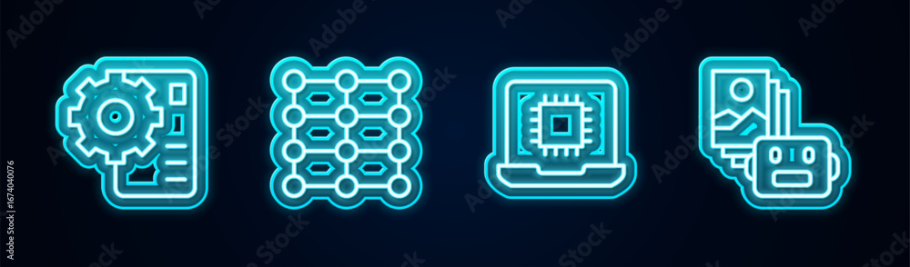 Fototapete set line neural network, processor cpu and artificial intelligence robot. glowing neon icon. vector