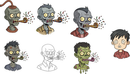 Cartoon zombie heads blowing party horns, spooky undead celebration, funny zombie characters, Halloween party zombies, colorful zombie faces, undead party blowers, festive zombies.