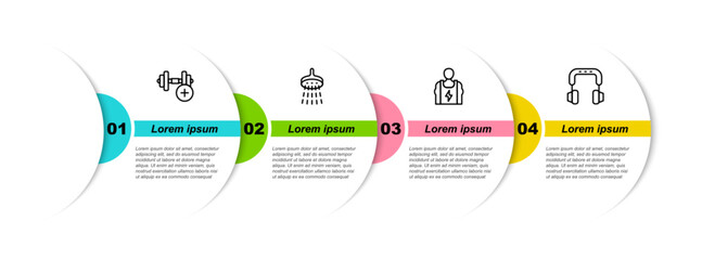 Set line Dumbbell, Shower, Bodybuilder and Headphones. Business infographic template. Vector