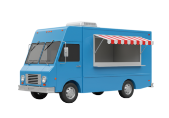 Isolated food truck with awning, blue, ready for business, and easy to customize