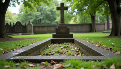 Graveyard Cross at Peaceful Cemetery with Lush Greenery and Fallen Leaves for Blogs, Websites, Memorial Articles, and Historical Awareness