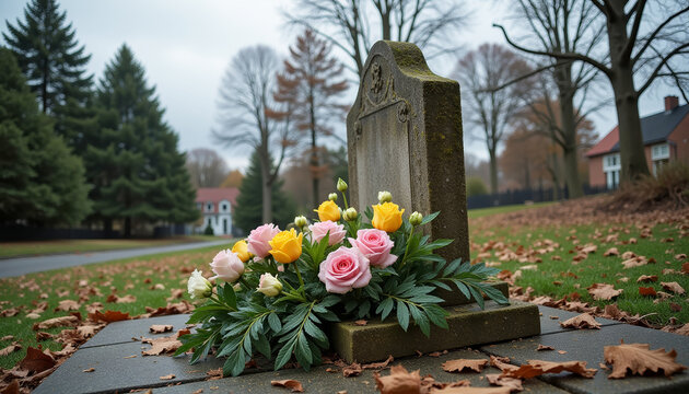 Cemetery Flower Arrangement with Colorful Roses and Lush Greenery in Autumn Setting for Memorial Blogs, Grief Support Websites, Funeral Planning Guides, and Remembrance Content