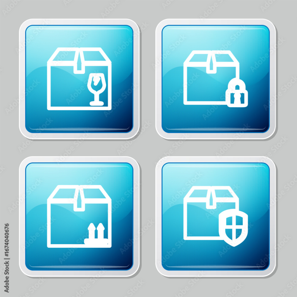 Poster set line delivery box with fragile content, locked package, cardboard traffic and security shield ic
