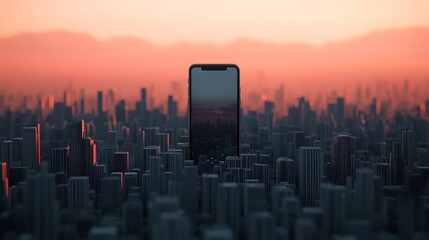 A futuristic cityscape with a smartphone reflecting a sunset, symbolizing the intersection of technology and urban living.