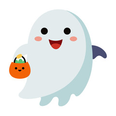 Cute ghost holding a pumpkin candy bucket