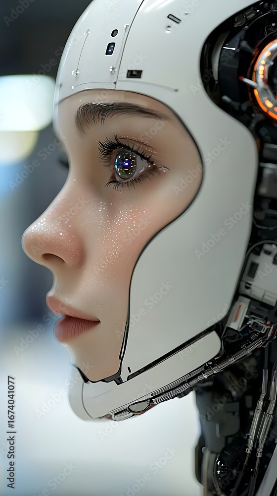 Poster a futuristic humanoid robot with an expressive eye and sleek design, merging technology and artistry