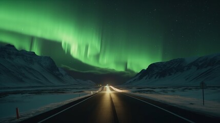 Northern Lights over a winter road