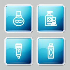 Set line Beard and mustaches care oil bottle, Shaving gel foam brush, Electrical hair clipper or shaver and icon. Vector