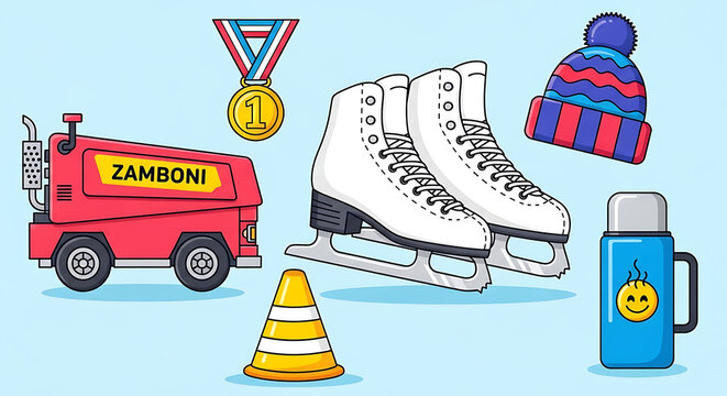 Red Zamboni Ice Resurfacer with Yellow Zamboni Text Cartoon Style.