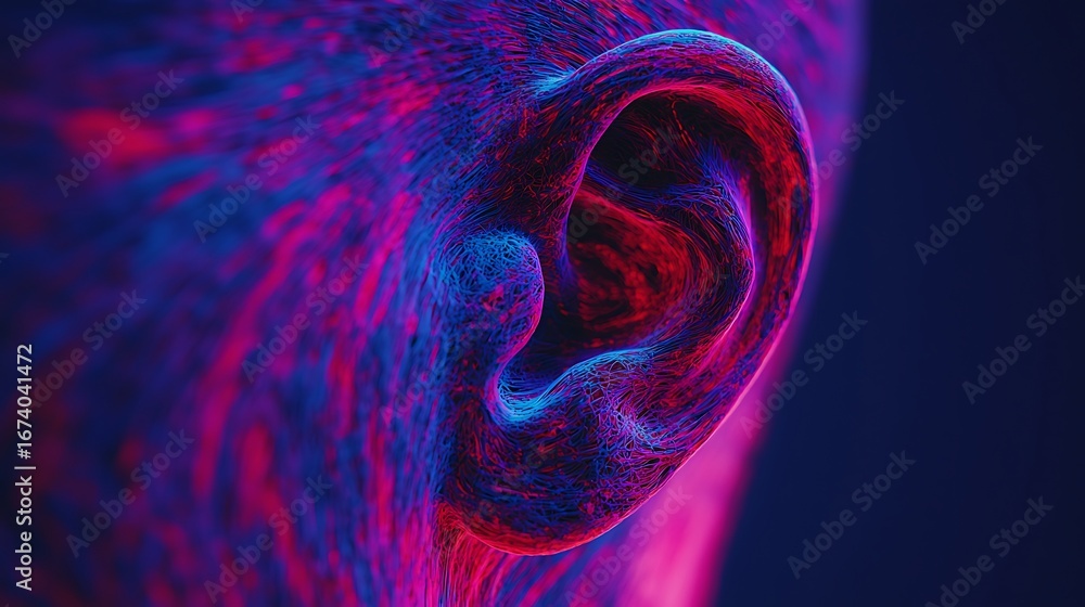 Poster a close-up view of an ear, depicted with vibrant, swirling colors that create a dynamic and abstract