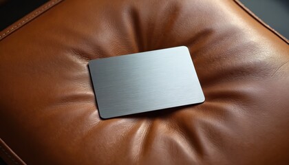 Minimalist brushed metal card mockup rests on textured tan leather chair. Shiny steel rectangle has brushed surface, conveying modern elegance and industrial feel. Smooth luxury design.