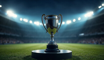Silver trophy cup on round podium in stadium with floodlights at night