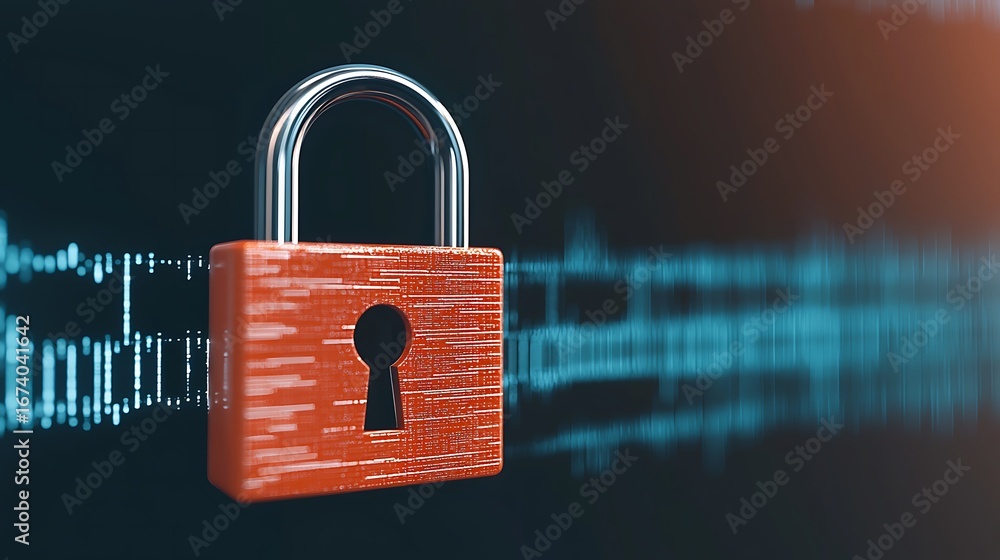 Poster a digital illustration of a red padlock symbolizing security, with waveforms in the background, repr