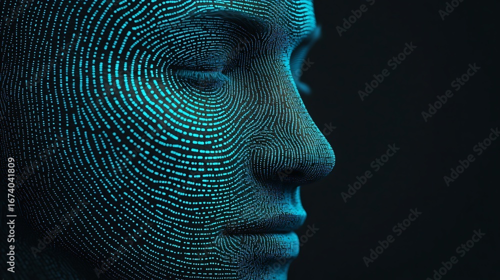 Poster a digital representation of a human face created with intricate patterns, showcasing a fusion of tec