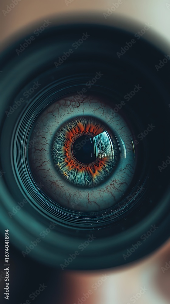 Poster a close-up image of an eye reflecting intricate patterns and colors, resembling a camera lens, showc