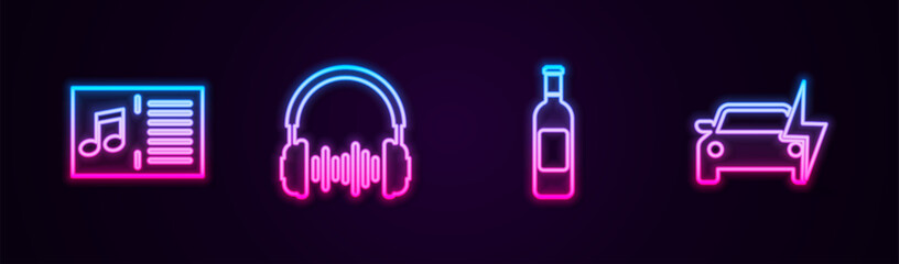 Set line Music book with note, Headphone and sound waves, Bottle of wine and Electric car. Glowing neon icon. Vector