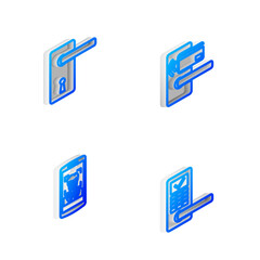Set Isometric line Digital door lock with wireless, Door handle, Mobile face recognition and icon. Vector