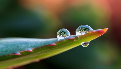 photography of a single water droplet glistening on the surface of a vibrant succulent leaf capturing a miniature forest like reflection within its curved surface