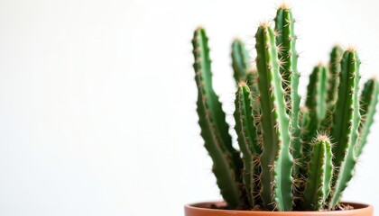 Green cactus plant in terracotta pot. Spiky succulent isolated on white background. Great for home decor, office spaces, living rooms, or gardens. Adds natural beauty and fresh plant life.