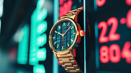 A close-up of a stylish gold watch against a backdrop of vibrant digital displays showing numbers and data.