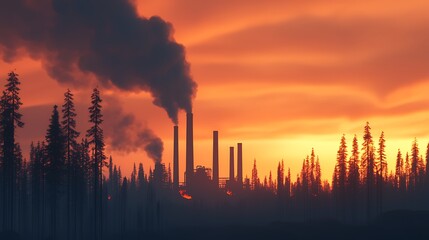 A silhouette of industrial smokestacks against a vibrant sunset, surrounded by tall trees, highlighting the contrast between nature and industry.