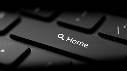 Detailed close-up of customized keyboard key with engraved magnifying glass icon and Home text, digital technology concept for online housing search, rentals, and property booking websites