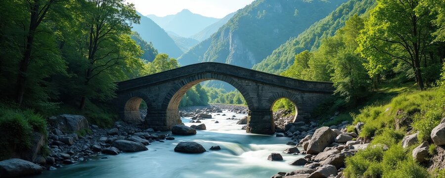 Scenic stone arch bridge over a flowing river in a lush green mountain valley. Ancient architecture surrounded by forest and rocky terrain. Serene natural landscape, ideal for travel and tourism.