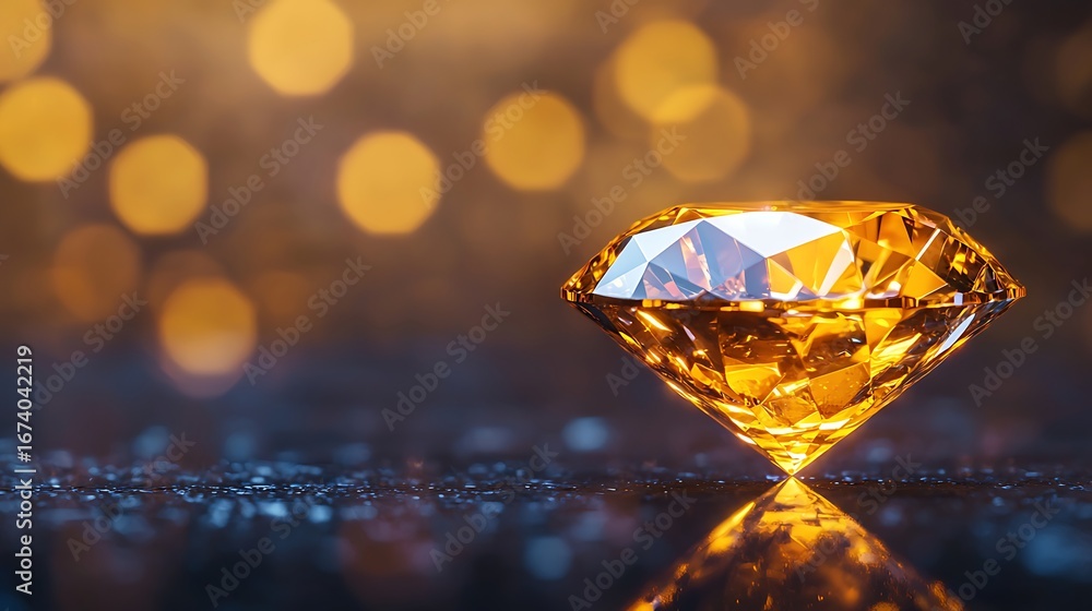 Poster a sparkling yellow diamond sits on a reflective surface, illuminated by soft bokeh lights in the bac