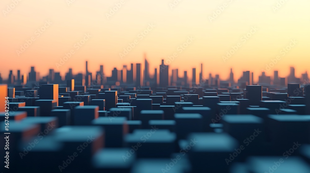 Poster a futuristic cityscape at sunset, featuring abstract geometric shapes and a vibrant color gradient, 