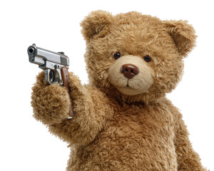 Teddy bear plush toy holding gun brown fur isolated transparency background side view cute surreal playful object