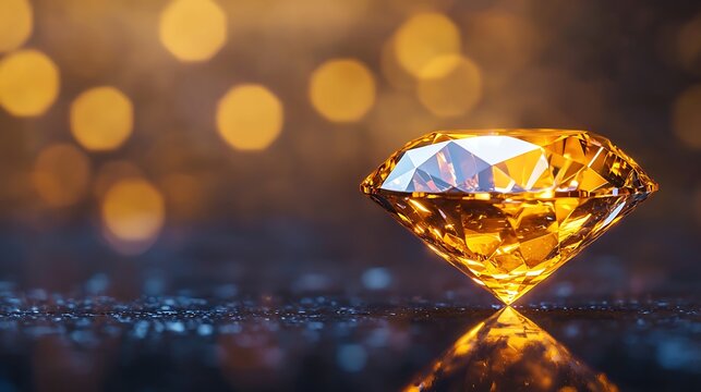 A sparkling yellow diamond sits on a reflective surface, illuminated by soft bokeh lights in the background.