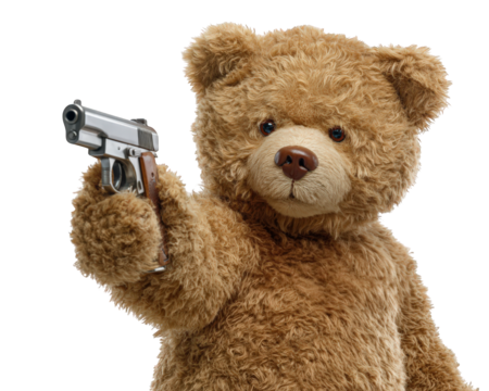 Teddy bear plush toy holding gun brown fur isolated transparency background side view cute surreal playful object