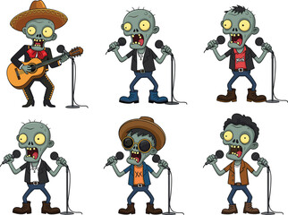 Cartoon zombie singers set, undead musicians performing with microphones and guitar, colorful zombie characters in various outfits, Halloween music illustration collection