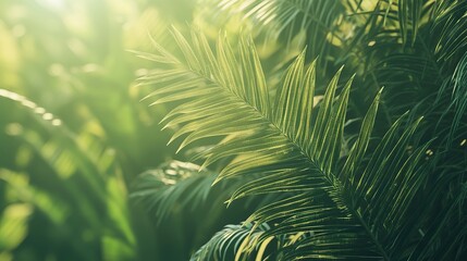 Naklejka premium A close-up of vibrant green palm leaves, symbolizing growth and vitality, with vibrant colors and soft focus creating an atmosphere that evokes the fresh essence of nature's beauty.