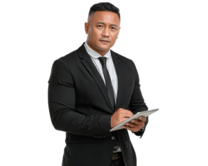 Businessman tablet suit confident male adult Asian professional technology isolated standing formal digital modern executive office entrepreneur leadership smart success manager corporate