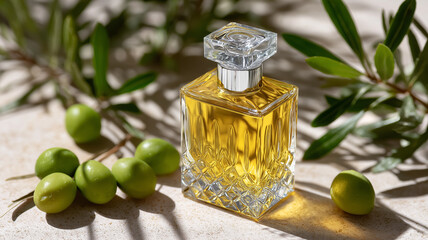 Elegant product photography of faceted crystal glass bottle filled with golden olive oil, surrounded by fresh green olives and olive branches on neutral surface with soft natural sunlight