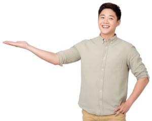 Young Asian man smiling, wearing beige shirt, standing with one hand on hip and other arm extended, palm up, isolated on transparency background, presenting gesture, cheerful expression