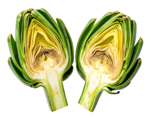 Artichoke halves cut lengthwise showing layered leaves, core and tender heart with natural green texture on isolated background