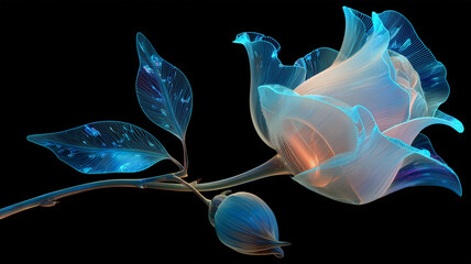 発光する青いバラの精密な抽象アート表現描写