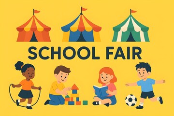 School fair poster with colorful tents and happy kids playing, reading, building blocks and football on a yellow background. Friendly flat cartoon style with bold title.