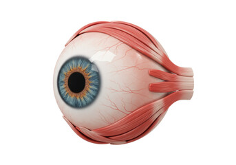 Isolated realistic human eye anatomy showing iris, pupil, sclera and eye muscles