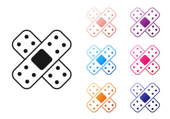 Black Crossed bandage plaster icon isolated on white background. Medical plaster, adhesive bandage, flexible fabric bandage. Set icons colorful. Vector