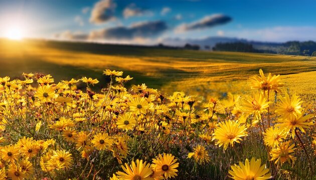 zoomed in image of numerous bright yellow blooms with a subtly blurred yellow wildflower landscape