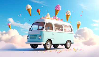 Whimsical Pastel Ice Cream Truck with Floating Cones.