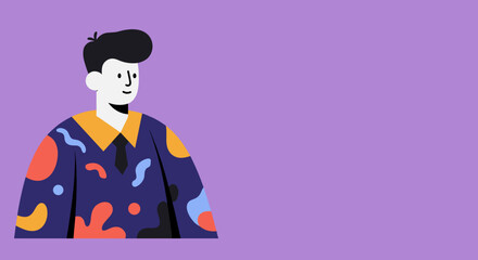 Modern flat illustration of a smiling man in an abstract patterned shirt and tie, symbolizing creativity, innovation, and professional individuality.